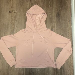 Dusty Pink Crop Ripped Sweatshirt Hoodie